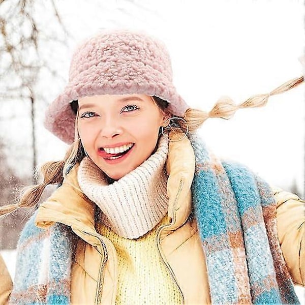 Fuzzy Bucket Hat för Kvinnor Päls Bollhatt Vinter Varm Plysch Fiskehatt Fluffig Sherpa Bucket Hat Rosa 56-58cm Justerbar Rem