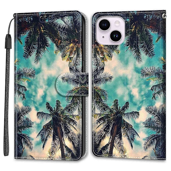 Lærdeksel til iPhone 14, Mønstertrykt Kortholder Stativ Telefondeksel Multicolor Style J