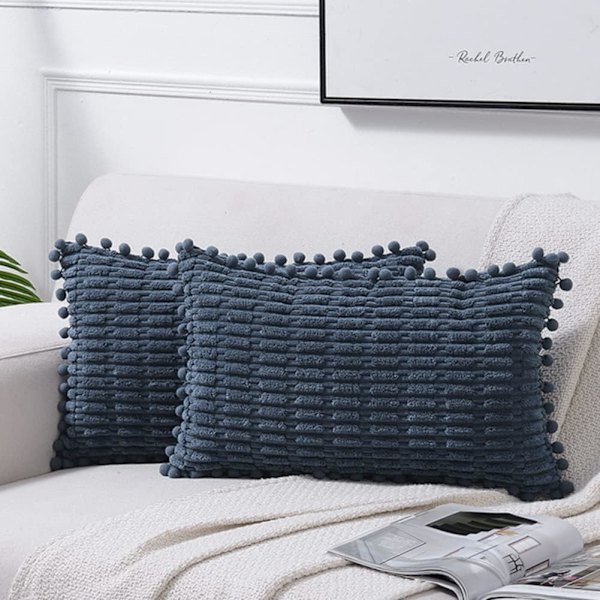 2 Støvblå dekorative pudebetræk 12x20 tommer, med pompom, egnet til sofa seng stue, blød fløjl dejlig talje pudebetræk 30x50 cm