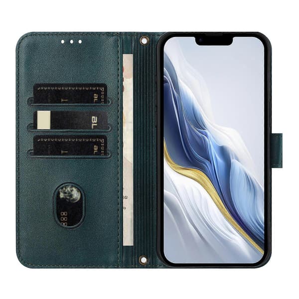 Retro tekstur læder pung etui med stativ og snor til iPhone 16e (Mørkegrøn)