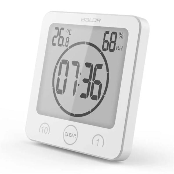 Badrumsklocka, Duschtimer Alarmklocka Digital Klocka, Badrum Vattentät Kök Timer Klocka med Termometer Hygrometer - Vit