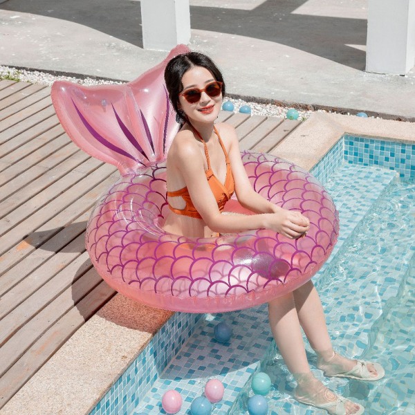 Sjöjungfru pool float, uppblåsbar sjöjungfru simring flytande säng pool float, sjöjungfru tailpipe glitter vattenfest - kristallrosa