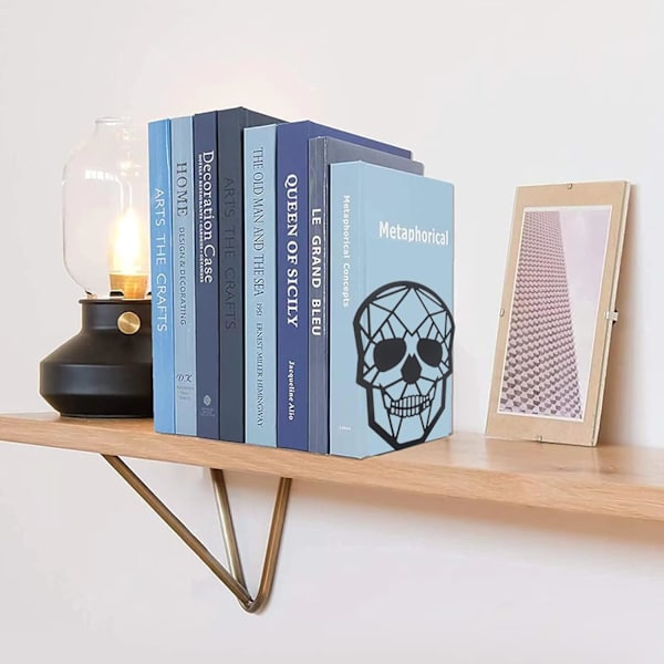 Bogstøtter i sort metal, moderne bogstøtte i kranie-design, skridsikker bogstøtte i kraftig holder (2 par/4 stk., stor)