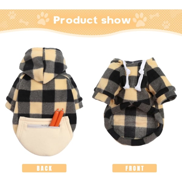Liten hundtröja mjuk varm fleece höst vinter hundkläder flicka pojke klassisk rutig valp katt tröjor med ficka söt (gul, L)