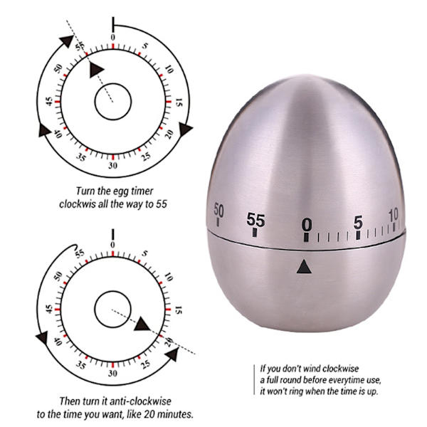 Kök Timer Manual, Rostfritt Stål Äggformad Mekanisk Roterande Alarm med 60 Minuter för Matlagning