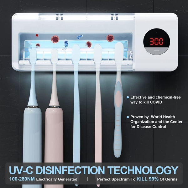 Vægmonteret tandbørsteholder med UV-desinfektionsfunktion, 2000 mAh opladning, timerfunktion, [Energiklasse A+++]