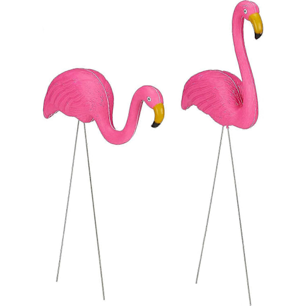 Set med 2 små rosa flamingo-dekorationer för trädgården, mini-gräsmatta, plastflamingo-staty med metallben för gångväg, utomhus trädgårdsdekoration, luau-fest, Bea