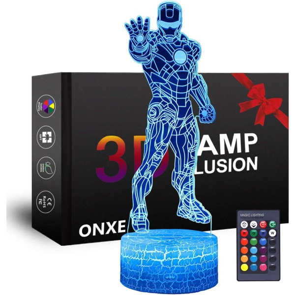 LED Superhero 3D nattlampa, ONXE optisk illusionslampa 16 färger Dimbar USB driven pekkontroll med crackbase+fjärrkontroll (Iron Man)
