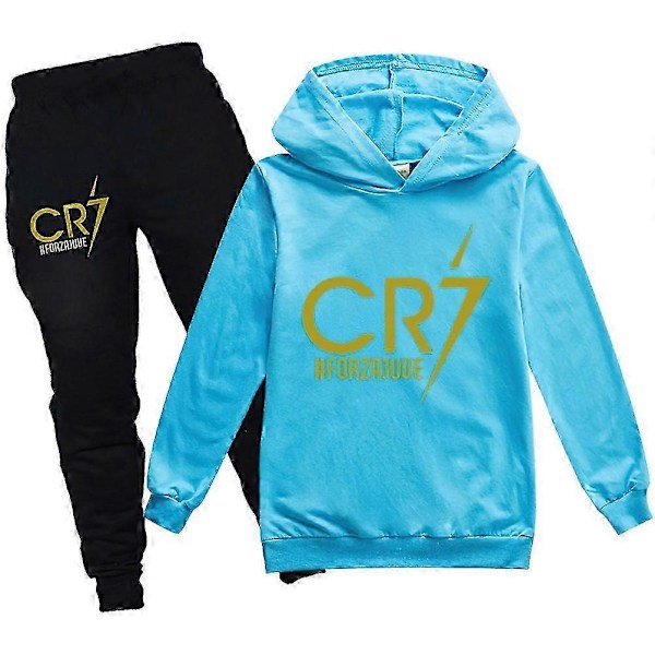 2 STK Cristiano Ronaldo Hættetrøje VM Nr. 7 Julegaver Fodboldstjerne Hættetrøje og Blå Buksesæt Piger Drenge Hættetrøje Sweatshirt Pullover Toppe Børn T-shirt sky blue 15-16years