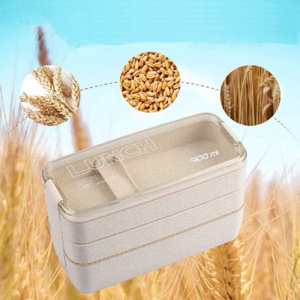 Lunchbox bento box snackbox för barn och vuxna med 3 fack läckagesäker mikrovågsugn tillverkad (beige)
