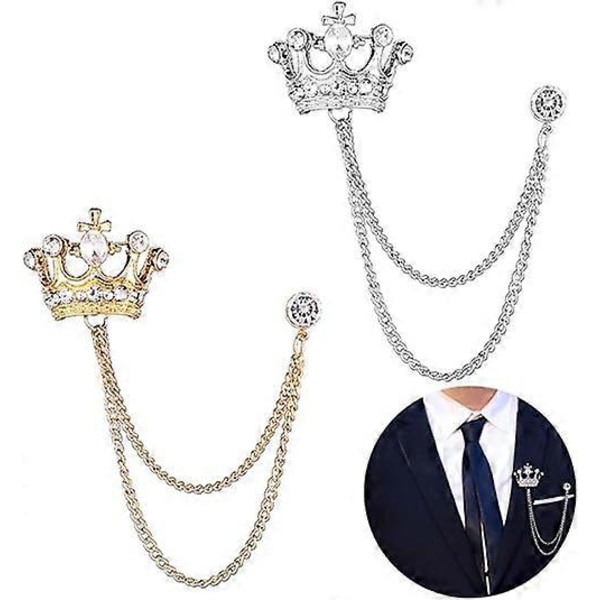 2 st Mans Broch Krona Hängande Kedja Broch Sten Detaljer med Gravyr Metall Kristall Broch Kostym Knapp Lapel Nål, Guld och Silver 4*2.5cm