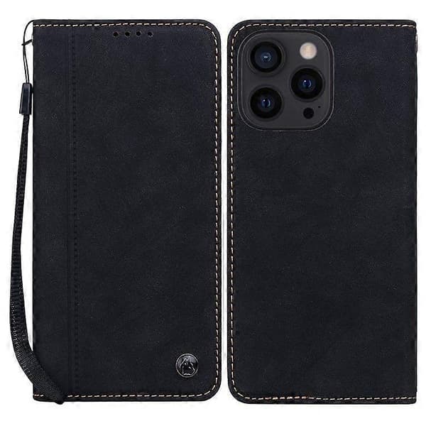 For iPhone 14 Pro Case Lines Pattern Wallet Leather Phone Cover with Strap (Black)