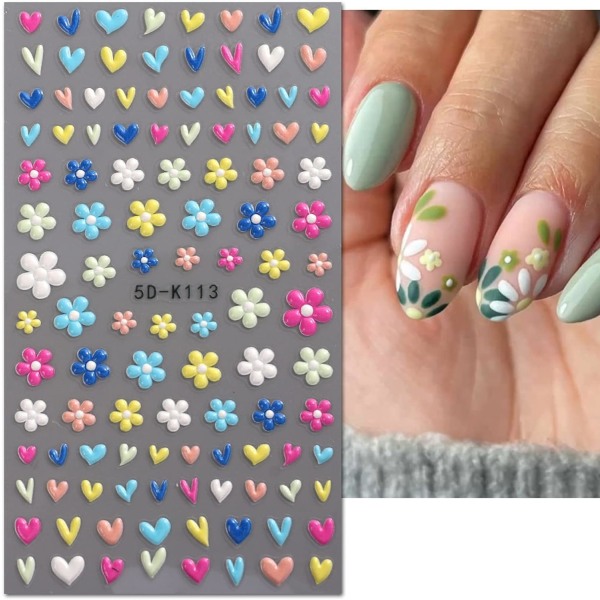 4 ark 5D-präglade nagelklistermärken självhäftande färgglada blommornagelklistermärken för nail art