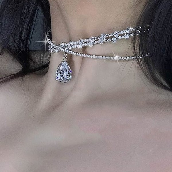 Rhinestone Choker -kaulakoru, hopeinen timanttirivi, kimalteleva kristalliriipusketju, koru, muodikas minimalistinen juhlapuku