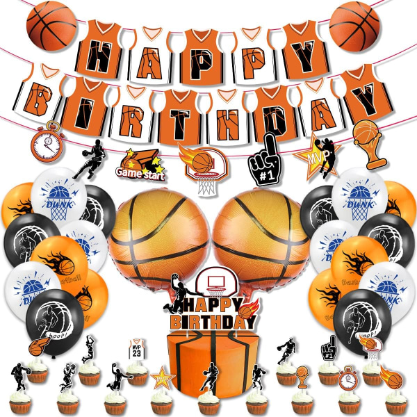 Basket sport Tecknad födelsedagsfest Dekoration Grattis på födelsedagen Flagga tårta Cupcake Topper 12 tums rund ballong 18 tums folieballong