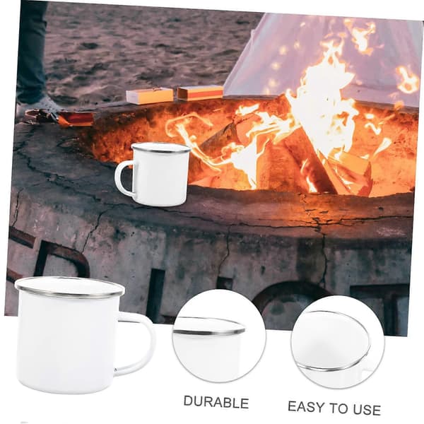 Emaljerad campingmugg vit med silverkant, chipresistent kaffekopp för vandring, resor och utomhusbruk