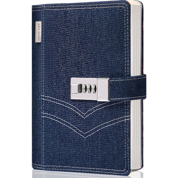 Denim Journal med lås til kvinder, genopfyldelig låsbar journal til voksne B6 notesbog med lås, 5,5 x 7,9 tommer, marineblå
