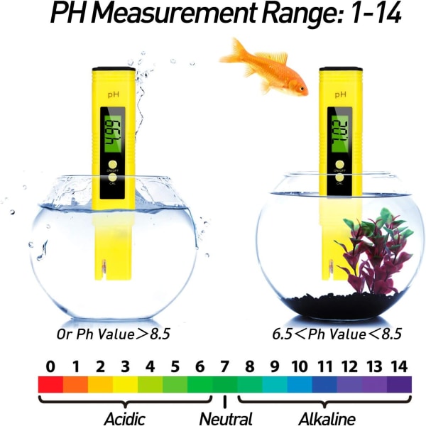 Digital pH-måler, digital vanntester med et måleområde på 0-14Ph og en nøyaktighet på 0,01Ph (gul).