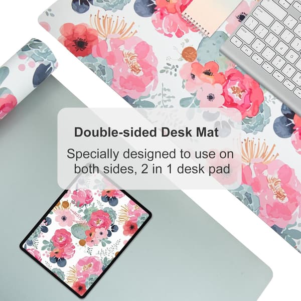 Stor musematte, rosa blomstret skrivebordsmatte for skrivebord, kvinner jenter PU-lær vanntett laminert musematte, datamaskin PC bærbar PC beskyttelse skriveunderlag