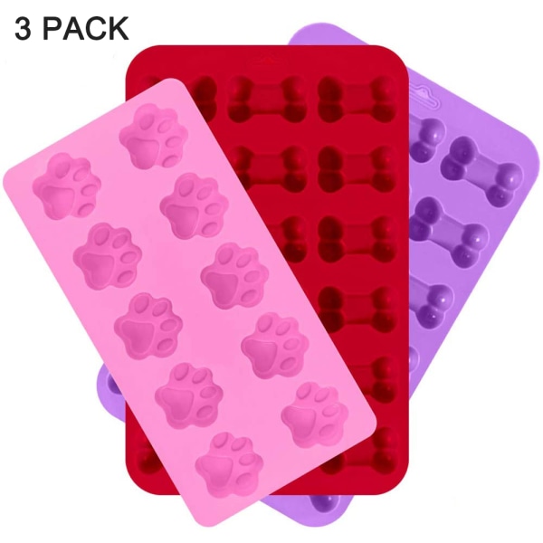 3 Pack Silicone Ice Mold Trays with Puppy Dog Paw and Bone Shape, Reusable Bakeware Maker