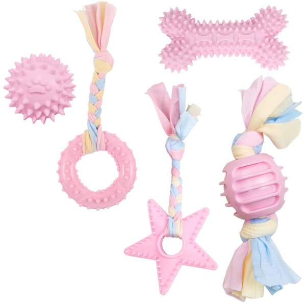 Hunde legetøj reb med bold, 5 stykker hvalp tandpleje legetøj, tygge legetøj sæt til små/mellemstore hunde - pink (kæledyr legetøj)