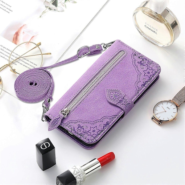 Kompatibel med Motorola MOTO G84 Zip-fodral Magnetisk Korthållare med Handledsrem Plånboksfodral för Motorola MOTO G84 Purple