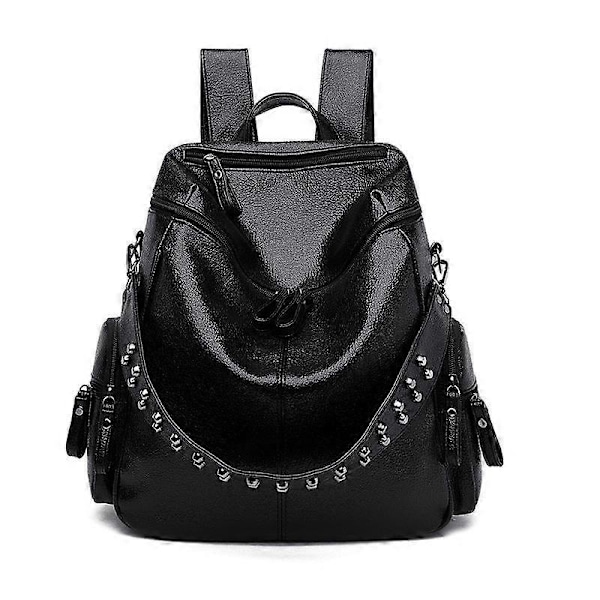 Damryggsäck Väska PU Läder Anti-Stöld Handväskor Casual Axelväska Dammode Nitar Design Satchel Väskor Svart
