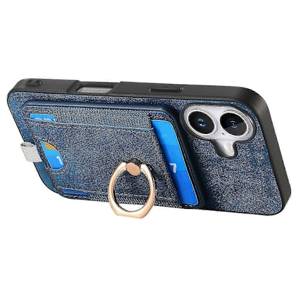 D7 Magnetisk etui til iPhone 16 med kortholder, ring og støtteben i PU-læder - Brun Blue