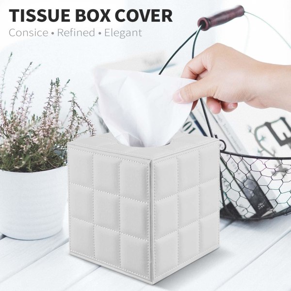 Fyrkantig läder servettbehållare - Renfärgad elegant servettbehållare med magnetisk bas och PU-läder exteriör för byrå, nattduksbord - Vit