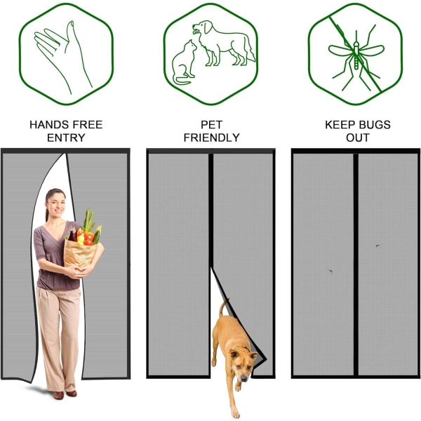 Förtjockad myggnät magnetisk dörr 90x210cm Mycket tät magnetisk nät flugskärm insektsavvisande gardin svart