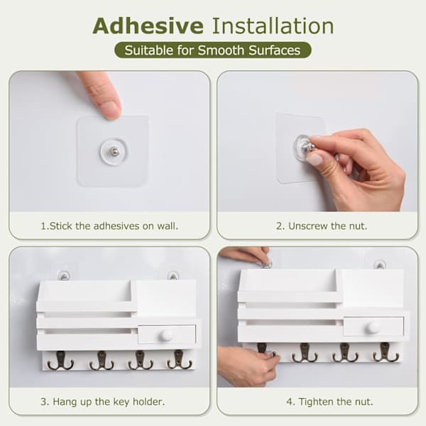 Wall Mounted Wooden Key Holder with Drawer, Small Shelf, 8 Hooks, Two Mounting Options, White.
