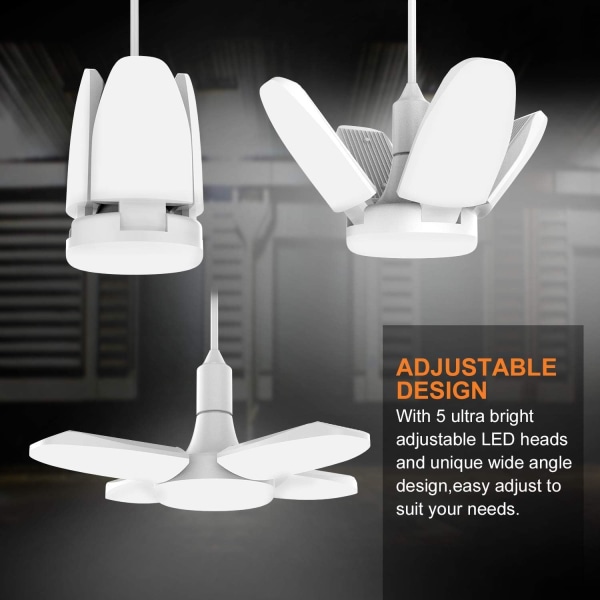 1 stk. LED-garagelampe, 60W LED-garageloftbelysning, høj og lav bugt deformerbar justerbar pære 6000LM 6000K