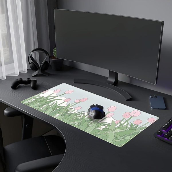 VattenfärgTulpan Blommunderlägg, Utökad Gaming Musmatta XXL Kawaii Anime Rosa Grön Stor Full Desk för Trådlös Mus Tangentbord 31,5\"x15,75