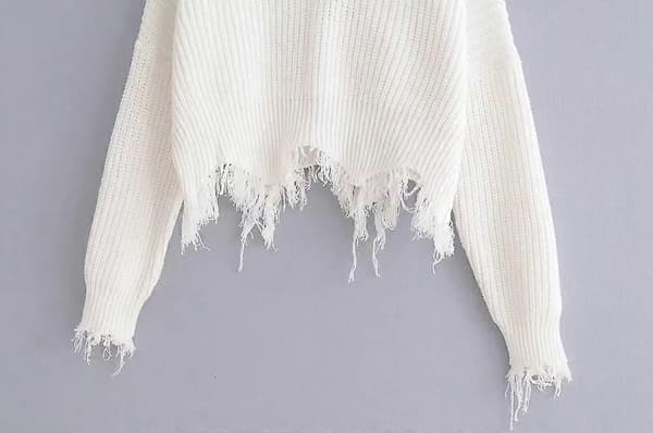 Dam V-ringad Lösstickad Tröja Långärmad Riven Jumper Pullover Crop Top Tröjor Vit