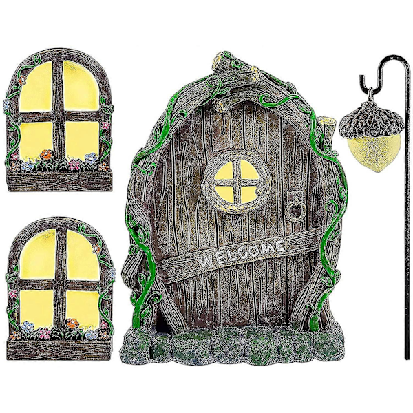 Fe Dør Have Fe Dør Og Vindue Til Træer, 14cm Resin Miniature Fe Dør Pixy Dør Haveindretning, Selvlysende (blade)