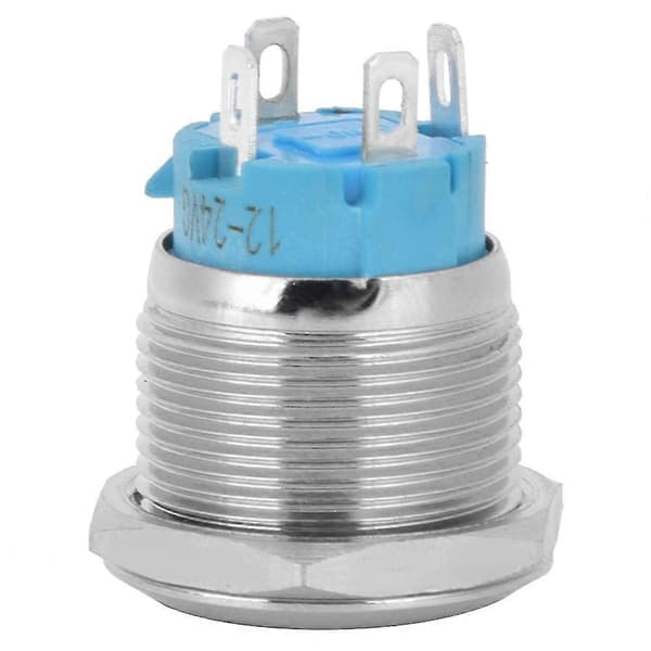 2 stk 19 mm Blå LED Momentan Trykknapp Flat Hode 4-pinners IP65 Vanntett 12~24VDC