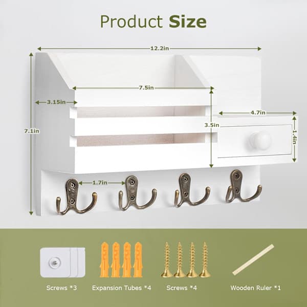 Wall Mounted Wooden Key Holder with Drawer, Small Shelf, 8 Hooks, Two Mounting Options, White.