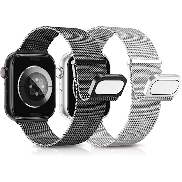 2 Stycken Armband Kompatibla med Apple Watch Armband, Dubbel Magnet Justerbart Rostfritt Stål Metall Kompatibelt med iWatch Armband Se Ultra Serien Silver + Black 42/44/45/49mm