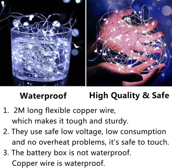 12 stk trådlys, 20 LED-lys kobbertrådlys batteridrevne, kaldhvit Pure white