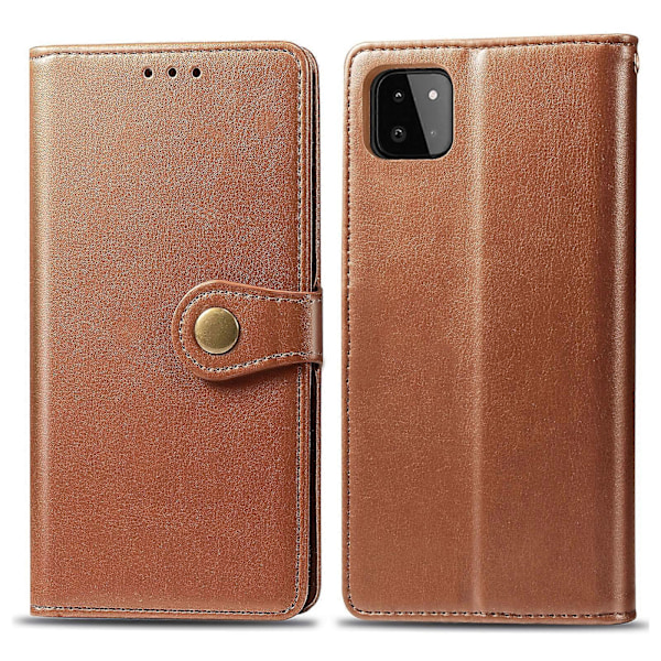 For Samsung Galaxy A22 4G Solid Farge Lær Spenne Telefondeksel med Lanyard & Fotoramme & Kortspor & Lommebok & Stativfunksjon Brown