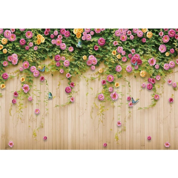 7x5ft Rose Wall Bakgrund för fotografering Man Kvinna Porträtt Rosa blommor Gul Trävägg Fotografi Bakgrund Mors dag Alla hjärtans dag Bröllop