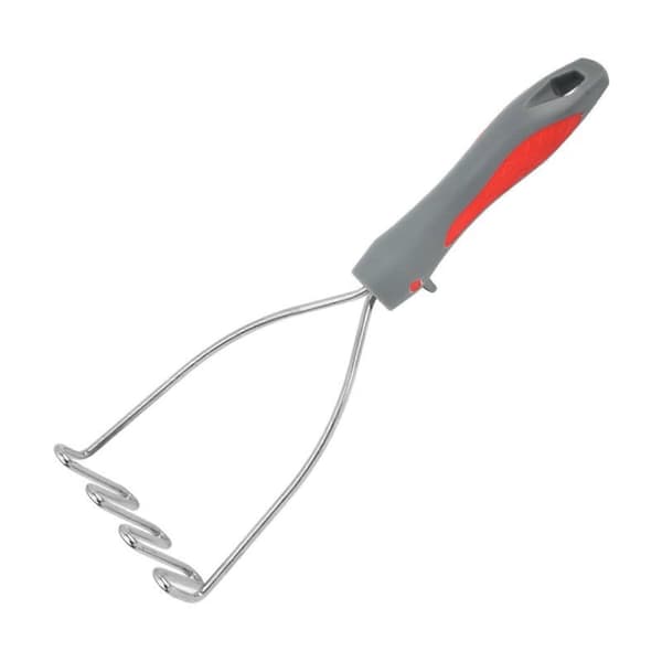 Potetmoser og rispresse i rustfritt stål med dobbeltsidig design og ergonomisk grep, rød