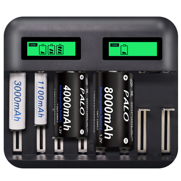 LCD Universal Batterioplader - 8 Bay AA /AAA /C /D Batterioplader til Genopladelige Batterier med 2A USB-port