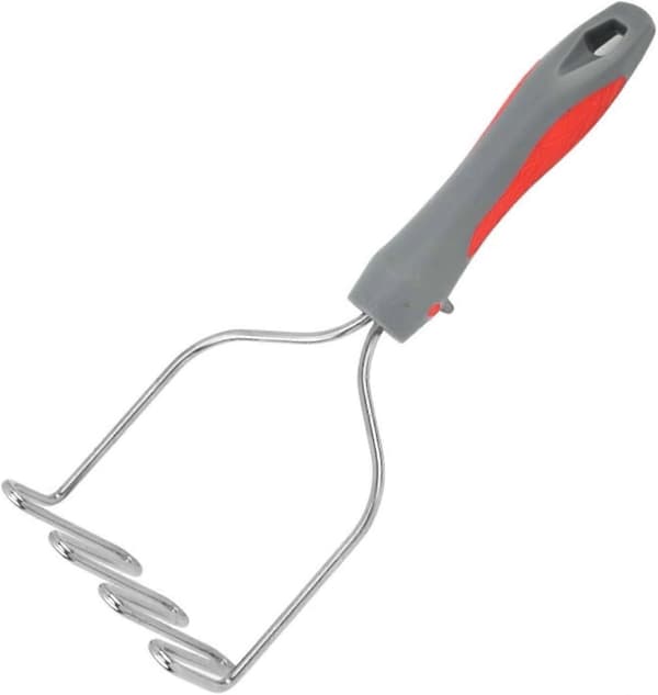 Potetmoser og rispresse i rustfritt stål med dobbeltsidig design og ergonomisk grep, rød