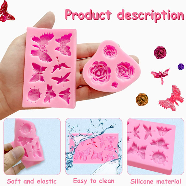 6 pak fondantforme, mini blomsterform sommerfugleforme bladform, rose lerforme lyserøde polymer lerforme