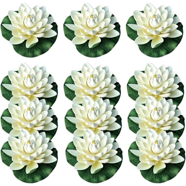 Kunstige flydende skumlotusblomster med åkandeblade, elfenbenshvide, perfekte til koi-damme