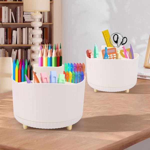 White Rotating Makeup Organizer 360° Rotating Pen Holder Makeup Brush Storage 5 Compartments Makeup Brushes Organizer