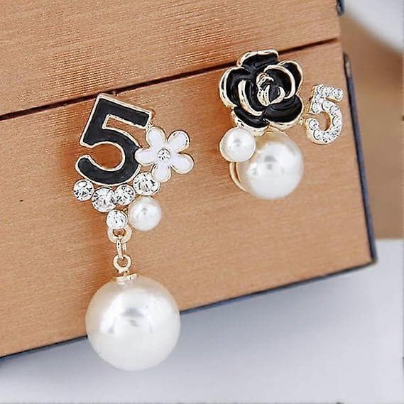 Faux imiterede perle hvide sorte blomster dingle dråbe øreringe studs