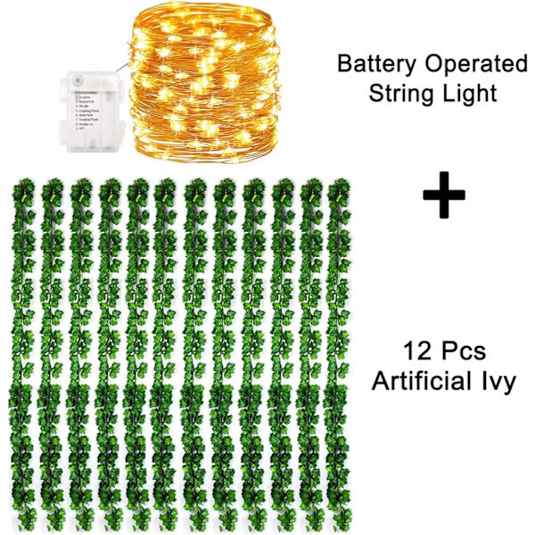 12-pack 10m konstgjord murgröna girlang falska växter, vinranka hängande girlang med 100 LED-slingor