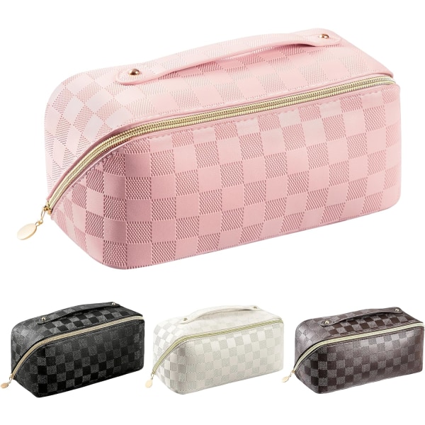 Sminkväska - Kosmetisk resväska med stor kapacitet för kvinnor, tvättbar vattentät skönhetsdragkedja Makeup Organizer PU-läder, rosa